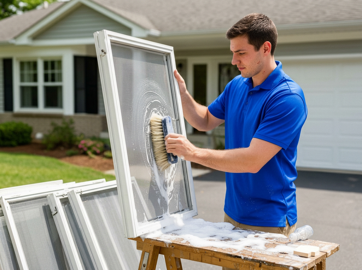 Technician in a royal blue polo hand-washing a window screen on a sawhorse