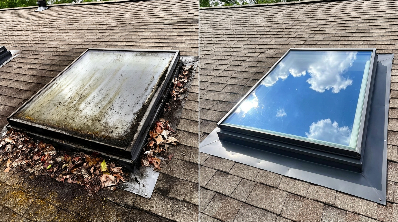 Before-and-after of a skylight on a shingle roof — left half covered in grime and leaves, right half spotless after cleaning